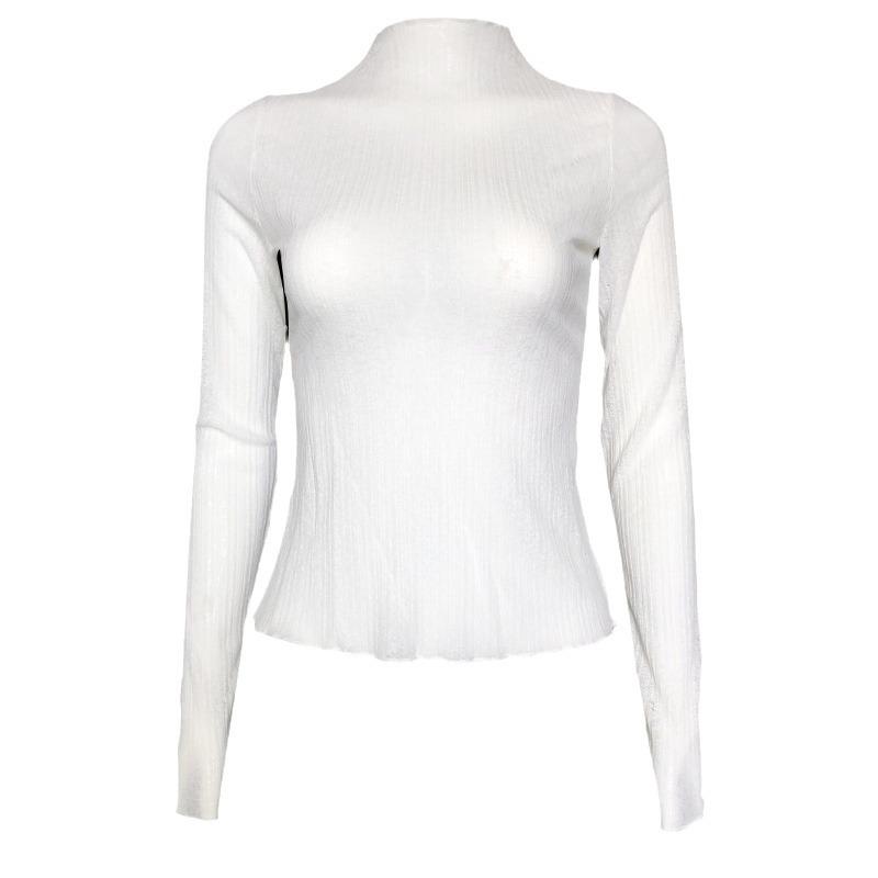 Long-Sleeve Mesh See-Through High-Neck Slim-Fit Women's Top
