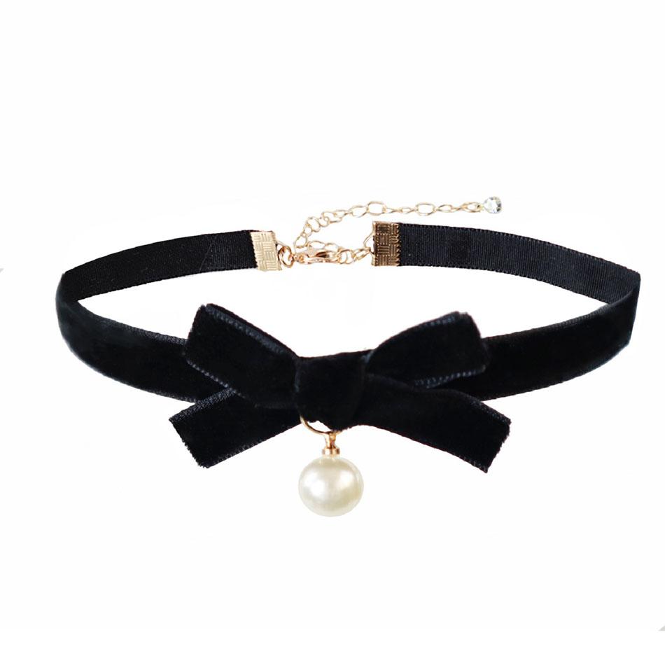 Sexy Velvet Pearl Pendant Choker for Women Bow Neck Clavicle Necklace Lady Jewelry Accessories Girl Gift Lace Gothic Daily Party