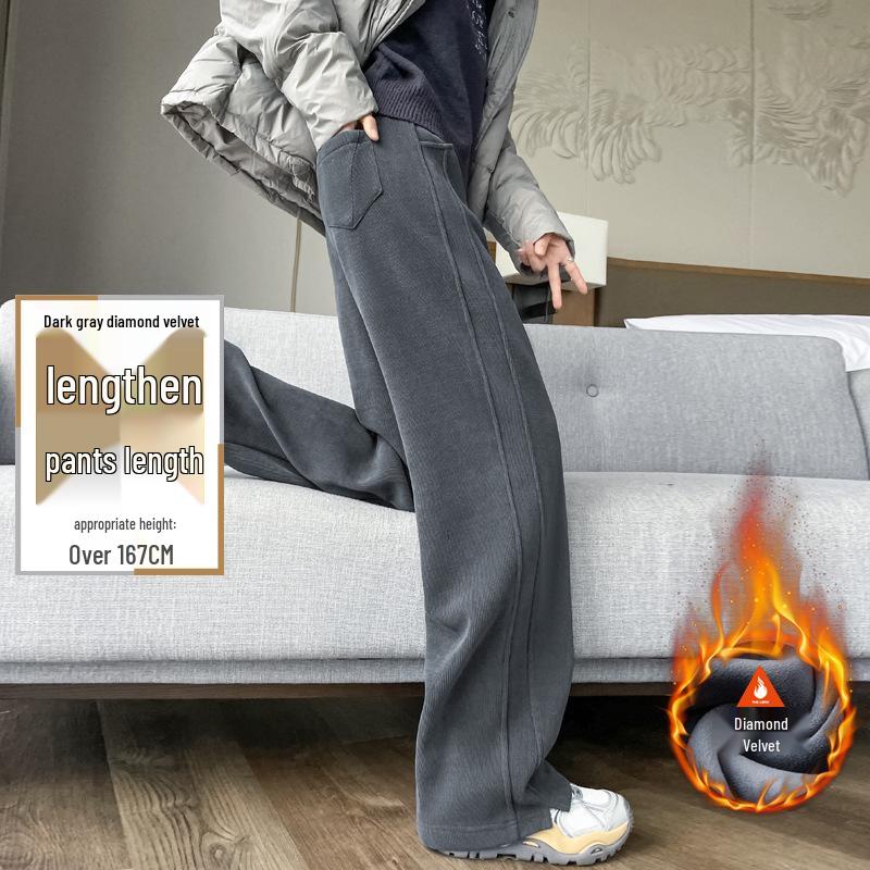 Women's Lambswool Wide-Leg Sweatpants, Autumn/Winter Narrow Straight-Leg, Tall Plus Velvet, Extra Length, Outerwear Cotton Pants.