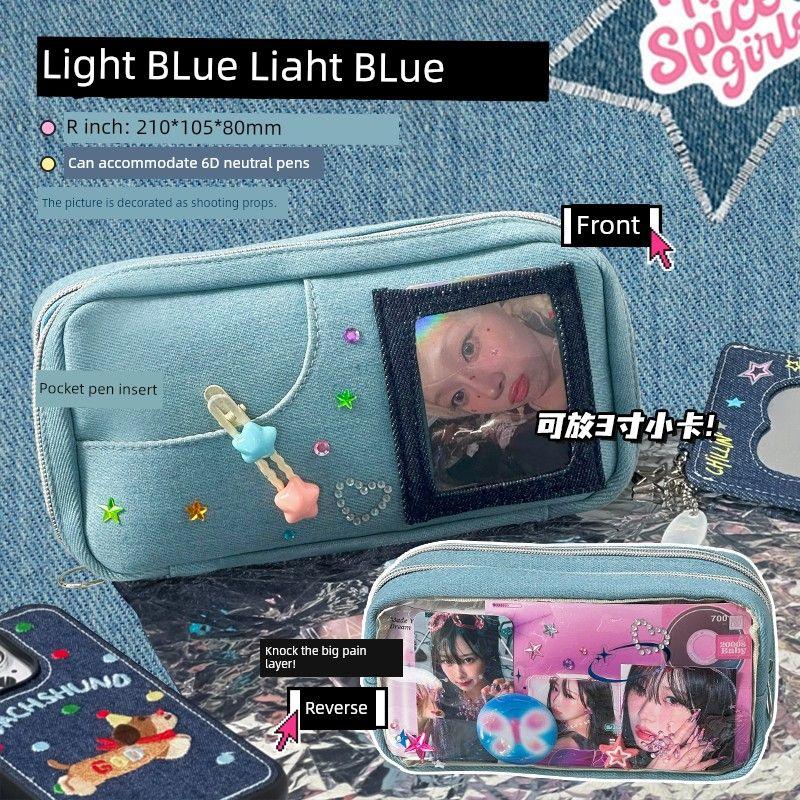 

Three Class Two Retro Denim Cartoon Backpack Pencil Case Large Capacity Junior High School Girls Good-looking Ins Style New Arrival Stationery Case Light Blue Light Blue