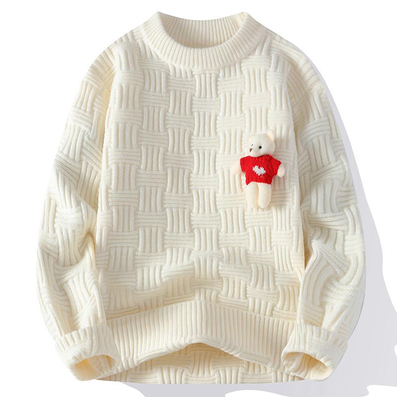 "2024 Men's Red Zodiac Bear Sweater: Autumn/Winter Round Neck with Coarse Twists"
