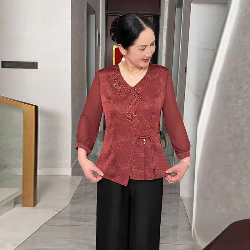 

Chinese Style Chiffon Blouse Set with Seven-Sleeve Top for Middle-Aged Women 4XL: 75-82.5 kg