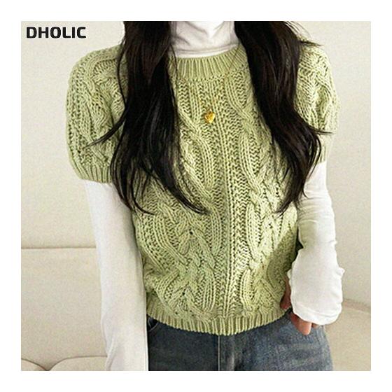 Women s Korean Fashion Tops Knit Cable Knit Cropped Short Sleeves Puff Sleeves Round Neck Plain Cotton Blend Stretchy Feminine Casual Simple Lovely