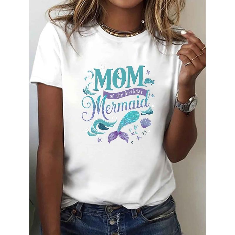 Women's Mom of The Birthday Mermaid Print Tee Crew Neck Short Sleeve Casual Spring Summer Top