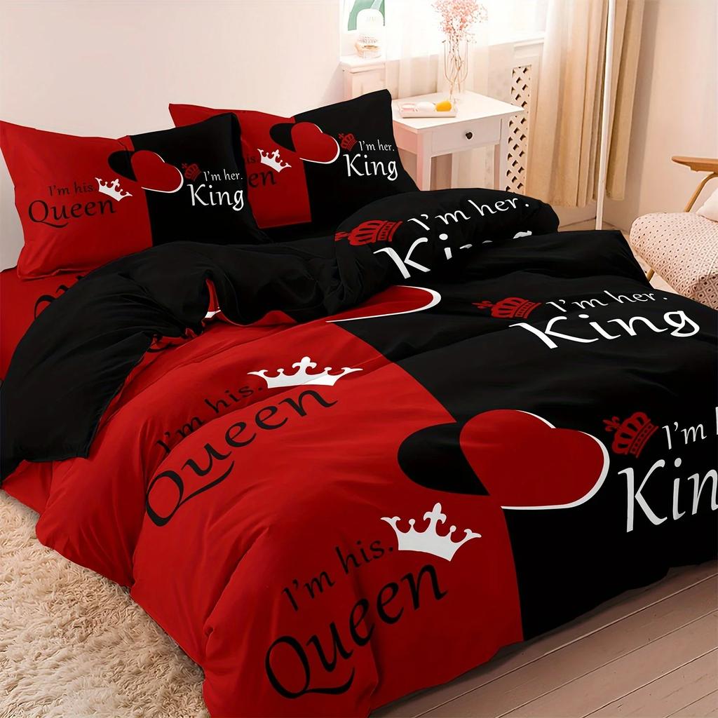 Queen & King 3pcs Couples Spouses Lovers Themes Bedding Set with All Size Featuring Printed English Letters On The Duvet Cover