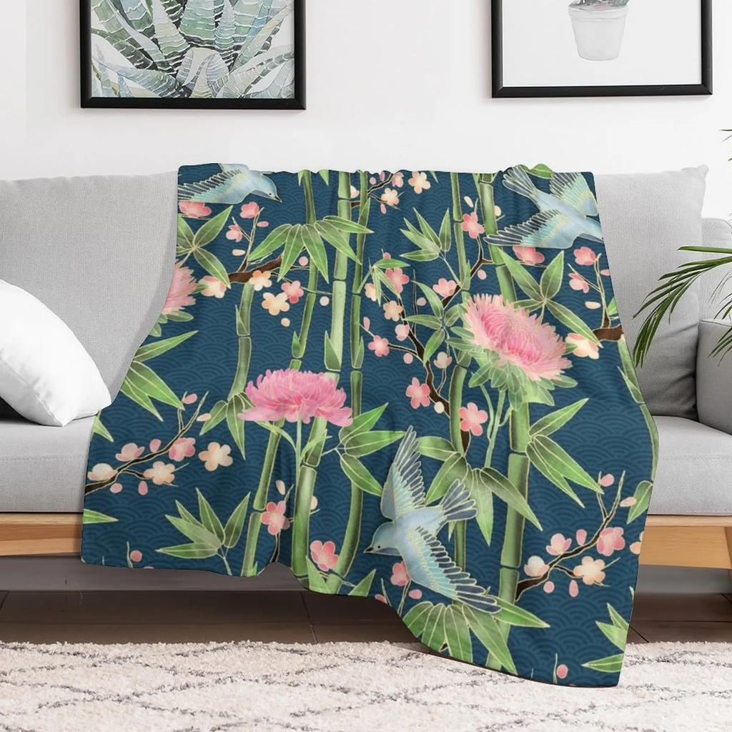 Bamboo, Birds And Blossom - Dark Teal Throw Blanket Stylish Couch Blanket For Home Living Room