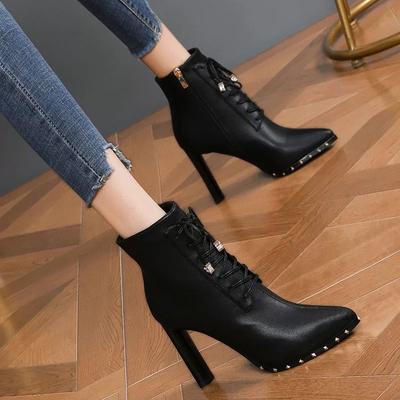 Ankle Boots for Women Sexy Lace-up Studded Heeled with Laces Pointed Toe Booties Very High Heels Woman Short Shoes Winter 2024