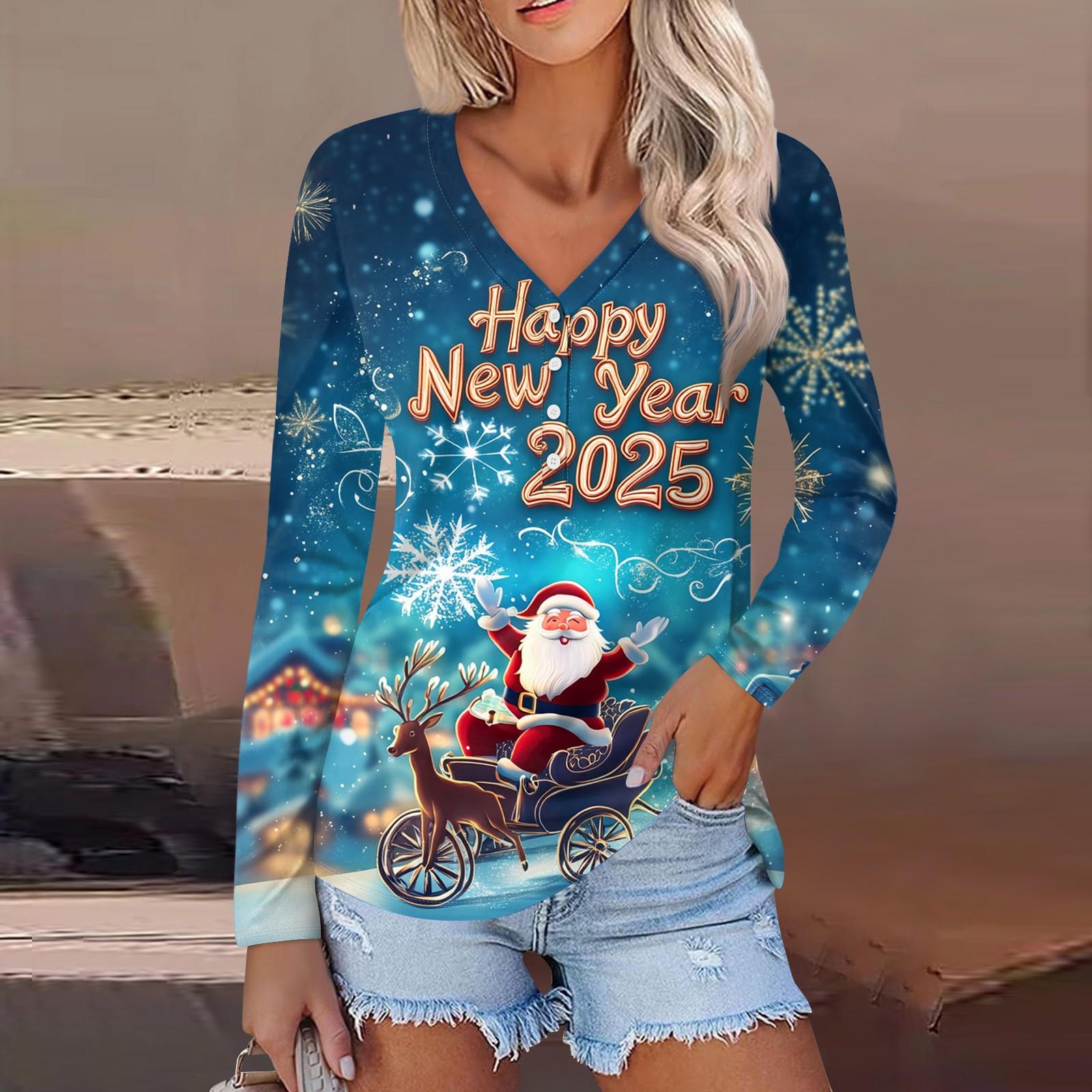 

Женская повседневная мода сексуальный комфорт рождественский принт V-образный вырез пуговицы длинный рукав XL небесно-голубой