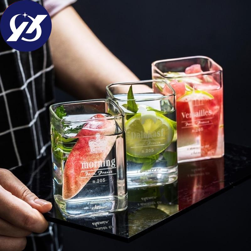 Creative Square Glass Mug Letter Printing Breakfast Milk Coffee Cup Crystal Transparent Heat-Resistant Drinkware Gift