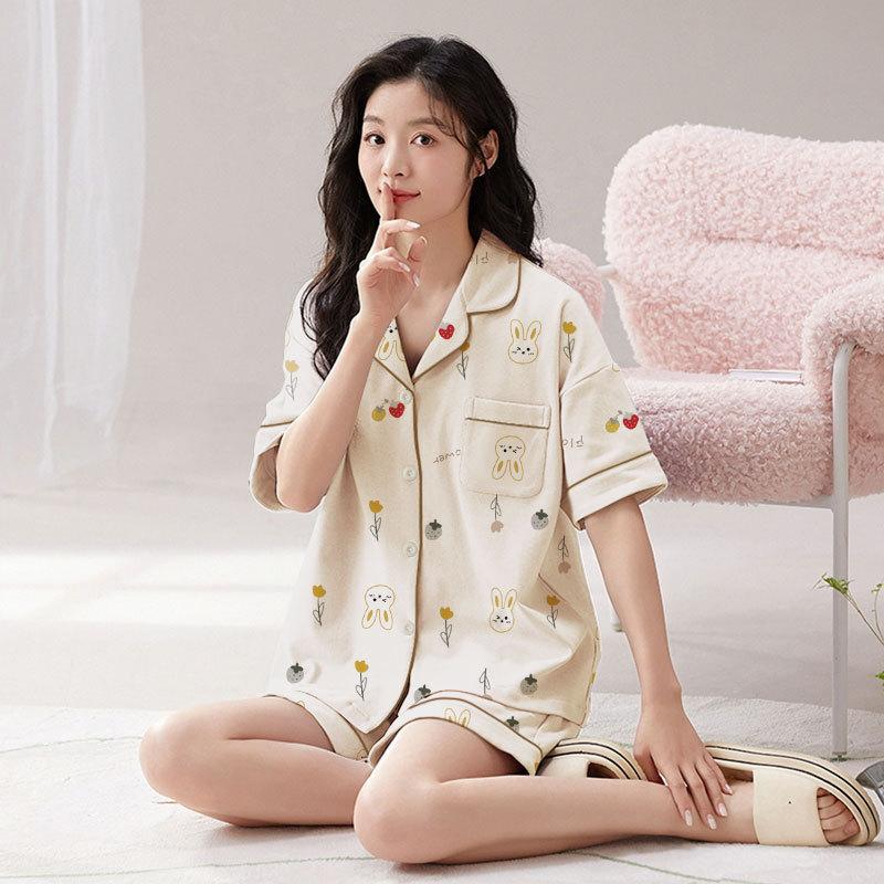 Summer Pajamas Women's Imitation Cotton Korean Cute Cartoon Sweet Student Short-sleeved Loungewear Suit