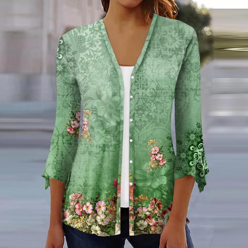 Moda Donna Blusa Cardigan Top Manica a Sette Parti Stampata Casual Ampia