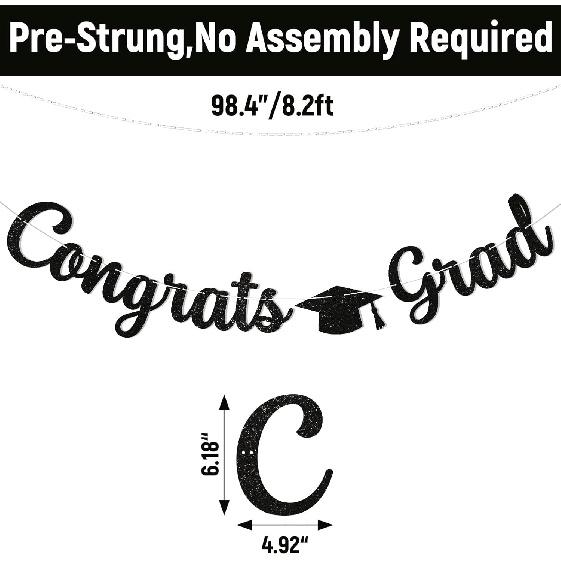 Pre-Strung Congrats Grad Banner - Black Glitter Graduation Party Banner with Cap, Congratulations Graduate Decor, High School College Graduation