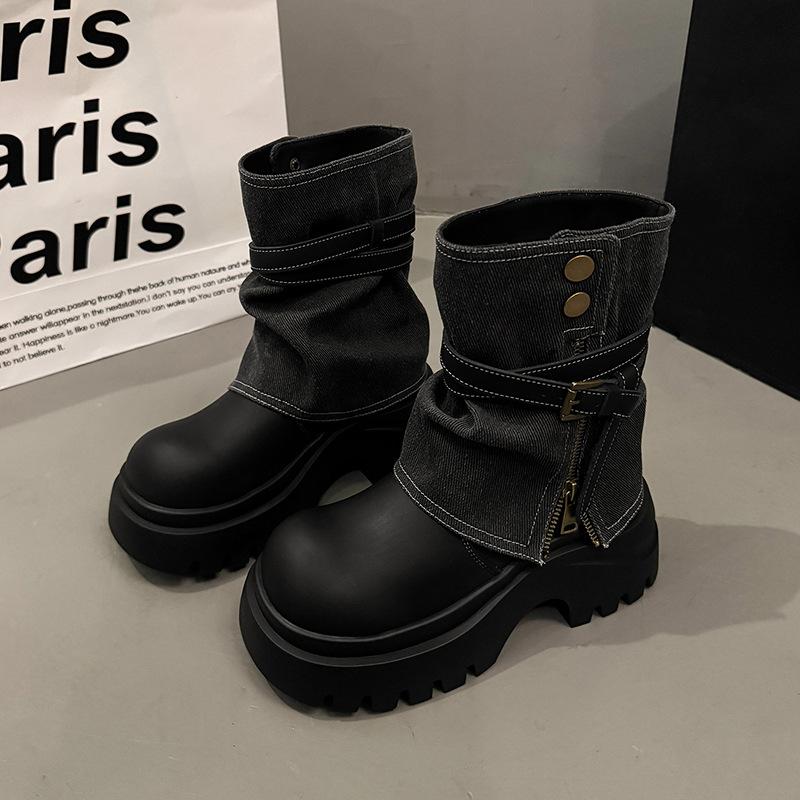 2025 New Denim Metal Buckle Platform Muffin Small Martin Boots Locomotive Boots Short Boots Pants Boots Women's Shoes