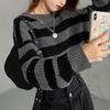Autumn and Winter Women's Retro Style Outerwear Short Knit Sweater Top High Waisted Contrasting Striped Sweater Top