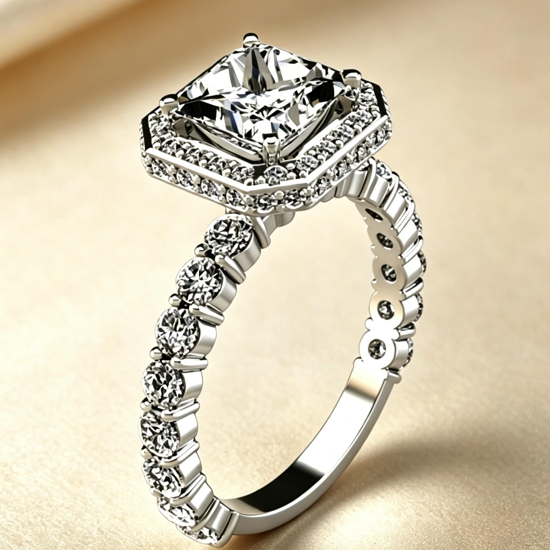 Princess Square Octagonal Double-layer Diamond Ring, Stairway Diamond Ring Arm Sparkling All Over, no. 6