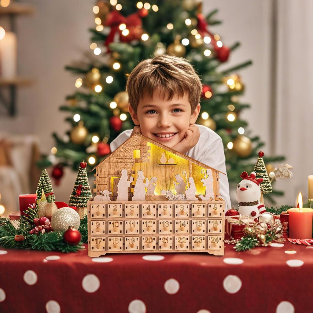 Christmas LED Light Countdown Calendar Cabinet Nativity Scene House Advent 24 Days Wooden Christmas Decor Ornament Crafts
