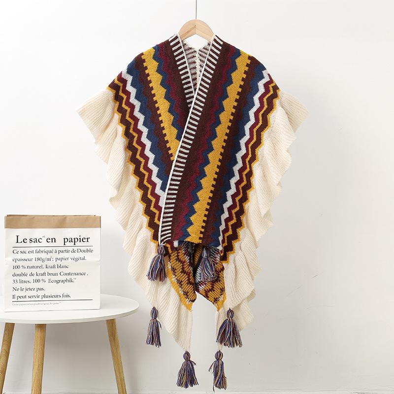 Ruffled Ethnic-Style Knitted Shawl for Travel - Warm & Thickened