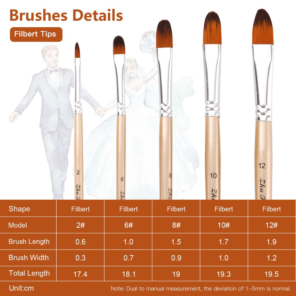 5pcs Filbert Tip Paint Brushes Set Nylon Hair Wooden Handle Artists Paintbrushes for Children Adults Beginners for Acrylic Oil Watercolor Gouache Nail
