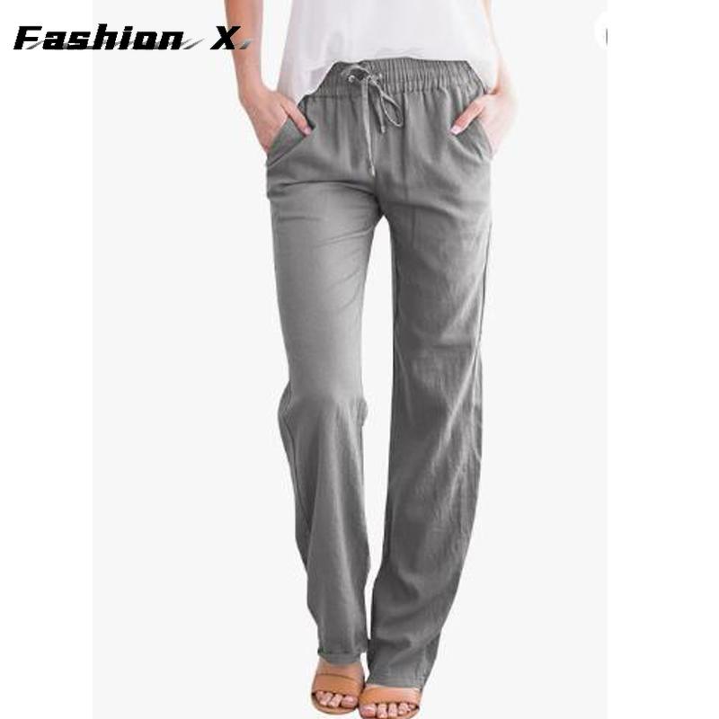 Pantaloni da donna larghi a gamba larga tinta unita cotone lino coulisse pantaloni casual