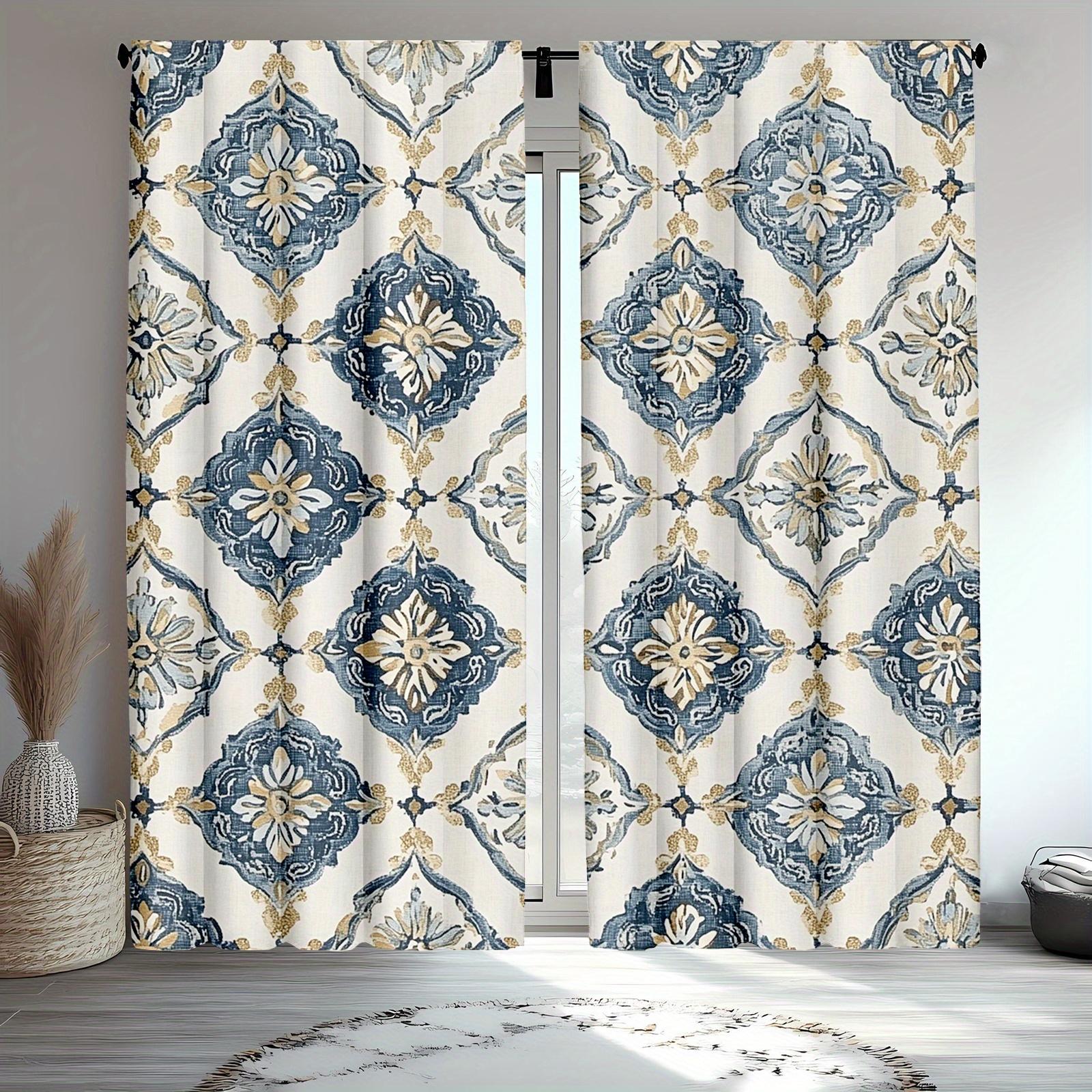 

1Pc Blue And Gold Floral Geometric Pattern Curtains, Polyester Fabric, Suitable For Bedroom Living Room Decoration 53x116cm &2pc