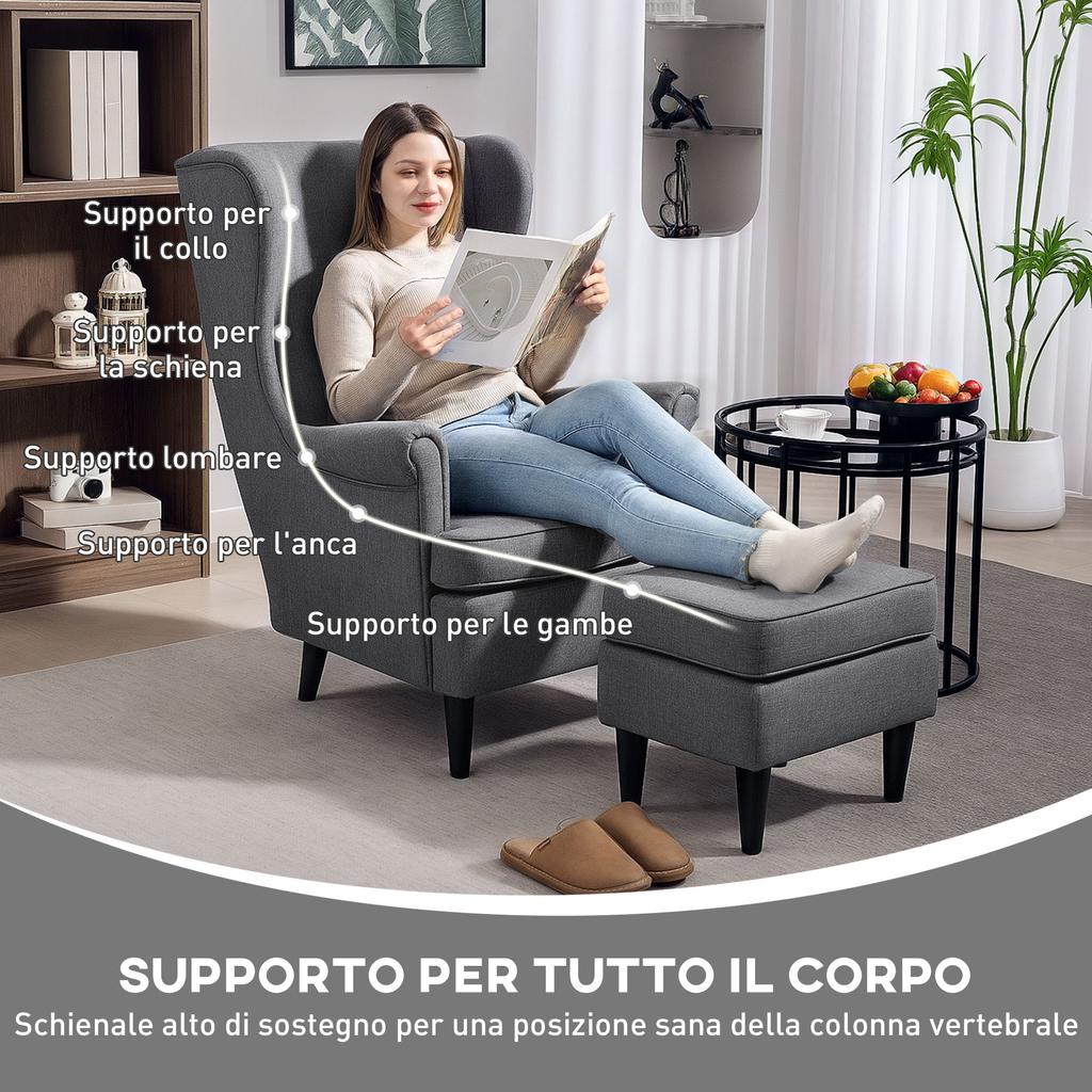 Living Room Armchair in Fabric with Footstool Pouf, High Backrest and Cushion, 75x83x104 cm, Grey