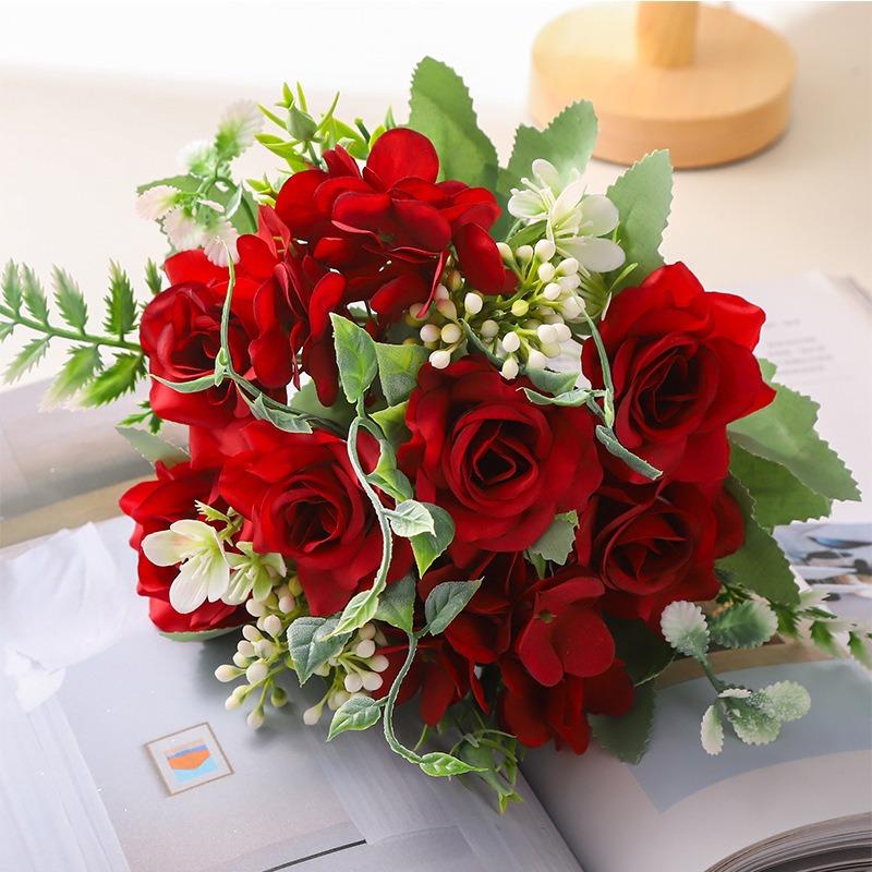 4 Pcs Artificial Rose Hydrangea Bouquet 26cm Silk Fake Flowers for Wedding Home Indoor Decoration