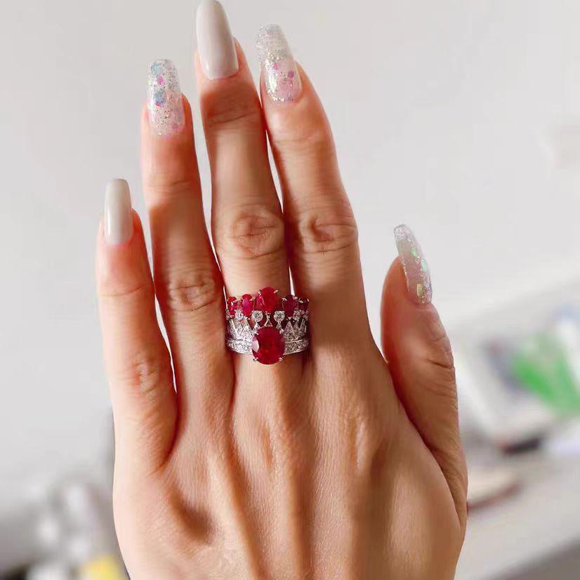 Kajia Vintage Ruby Crown Ring & Pigeon Blood Red Dress Stud Earrings Set for Women