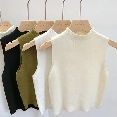Women's Slimming Knit Camisole Semi-Turtleneck Sleeveless Top Color Block French Vintage Style Summer Versatile Layering Stretch Polyester One Size