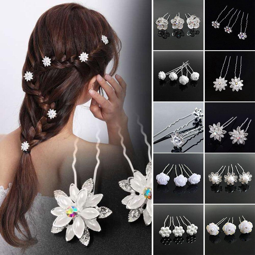 5Pcs Fashion Metal Pearl Flower Hairpin Stick Headwear U-shaped Rhinestone Hair Clip Headdress Bridal Hairpin Wedding