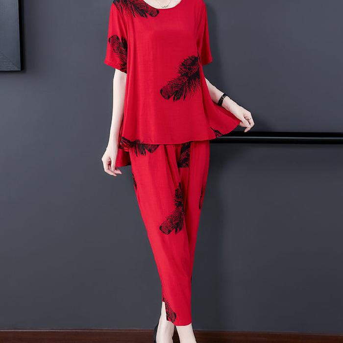 Short-sleeved Casual Suit for Women, Summer Fashionable Half-sleeved Plus Size Women's Casual Harem Pants Slimming Two-piece Set