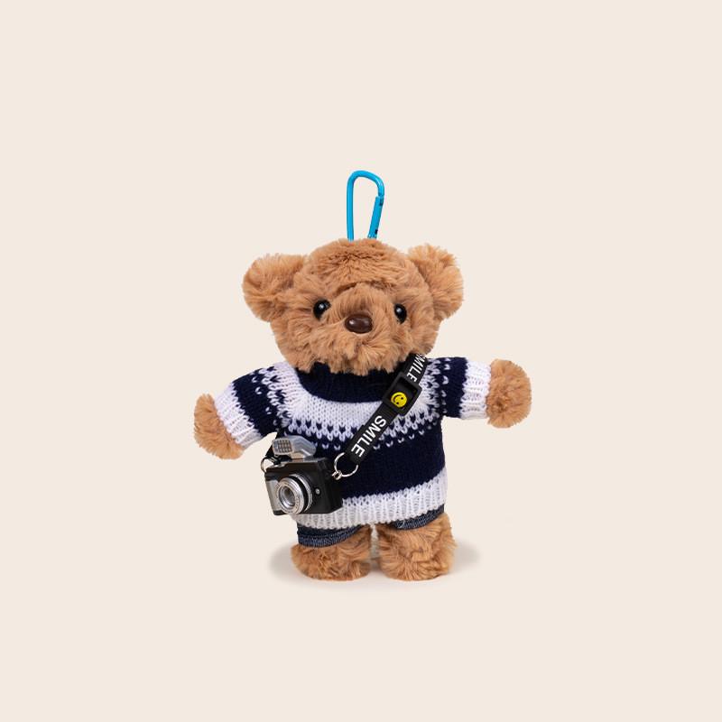 Portachiavi Peluche Orso con Maglione e Fotocamera, Design per Decorazione Zaino e Regalo