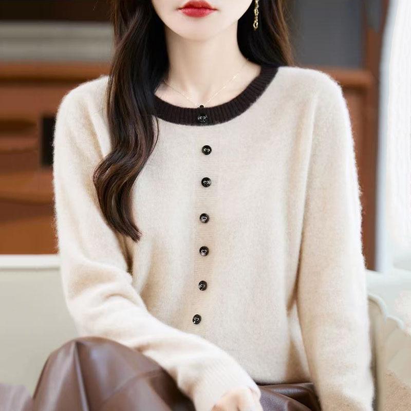 Women's Wool Color Block Round Neck Layered Pullover Sweater - 2025 Autumn/Winter Collection