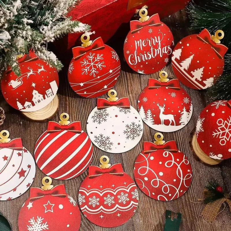 48pcs/set Red and White Wooden Christmas Ball Ornament Elk Snowflake Pattern Christmas Party Hanging Decoration Supplies Winter
