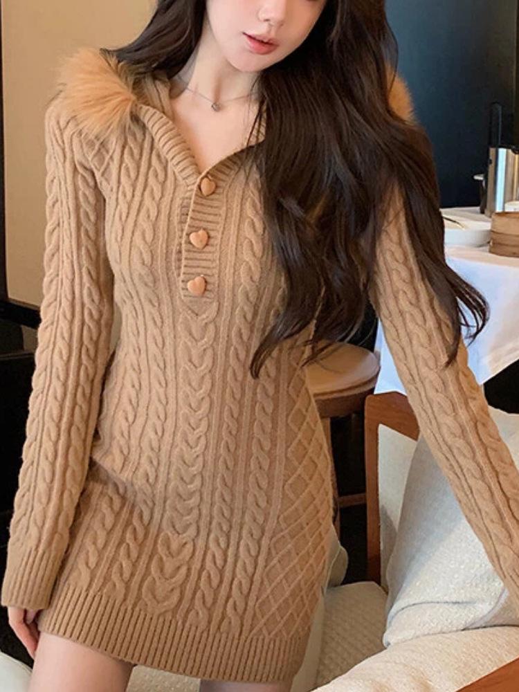 

Rouyao Women s Winter White Hooded Knit Dress with Faux Fur Collar - Slim-Fit and Hip-Hugging One Size верблюжий коричневого