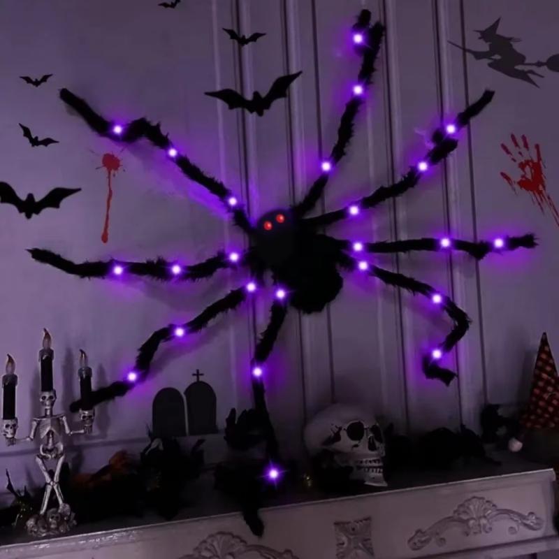 Halloween Riesige Leuchtende Flauschige Schwarze Spinne Lila LED Batteriebetrieben 8 Modi Spinnenlichter Für Innen Außen Veranda Dekor