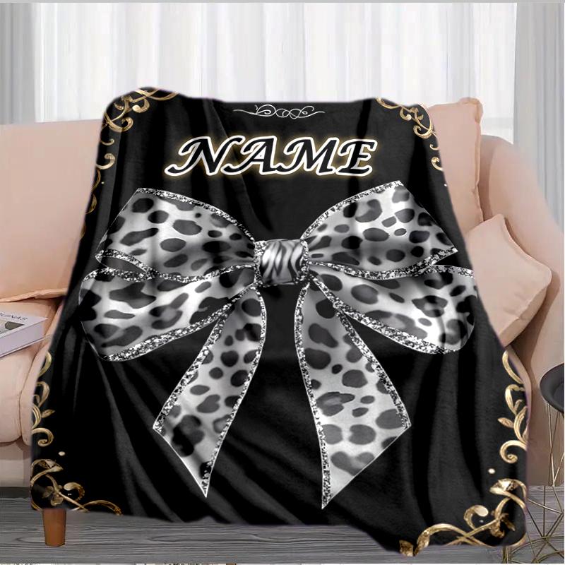 1PC Custom Name Leopard Print Bow outdooor Flannel blankets Throw Blanket All-Season Throw Gift Bedspread for Couch, Bed, Camping Holiday Birthday gif