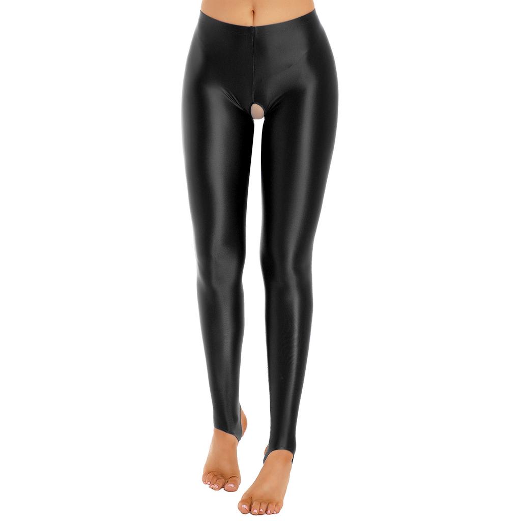 Damen Glänzende Open-Crotch Steg-Leggings Dehnbar Glatt Mittlere Taille Elastischer Bund Skinny Hosen