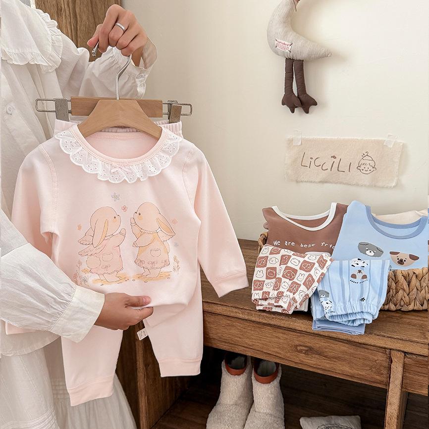 Children's Cozy Velvet Cotton Long Johns and Pajama Set for Autumn and Winter, Seamless and 320G Thickened, Class A Quality.