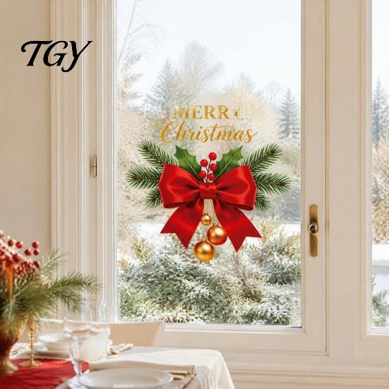 Self Adhesive Festive Wall Decor Christmas Red Bow Window Sticker, Gold Letter Merry Glass Decal, Party Atmosphere Supplies Waterproof Windows Clings