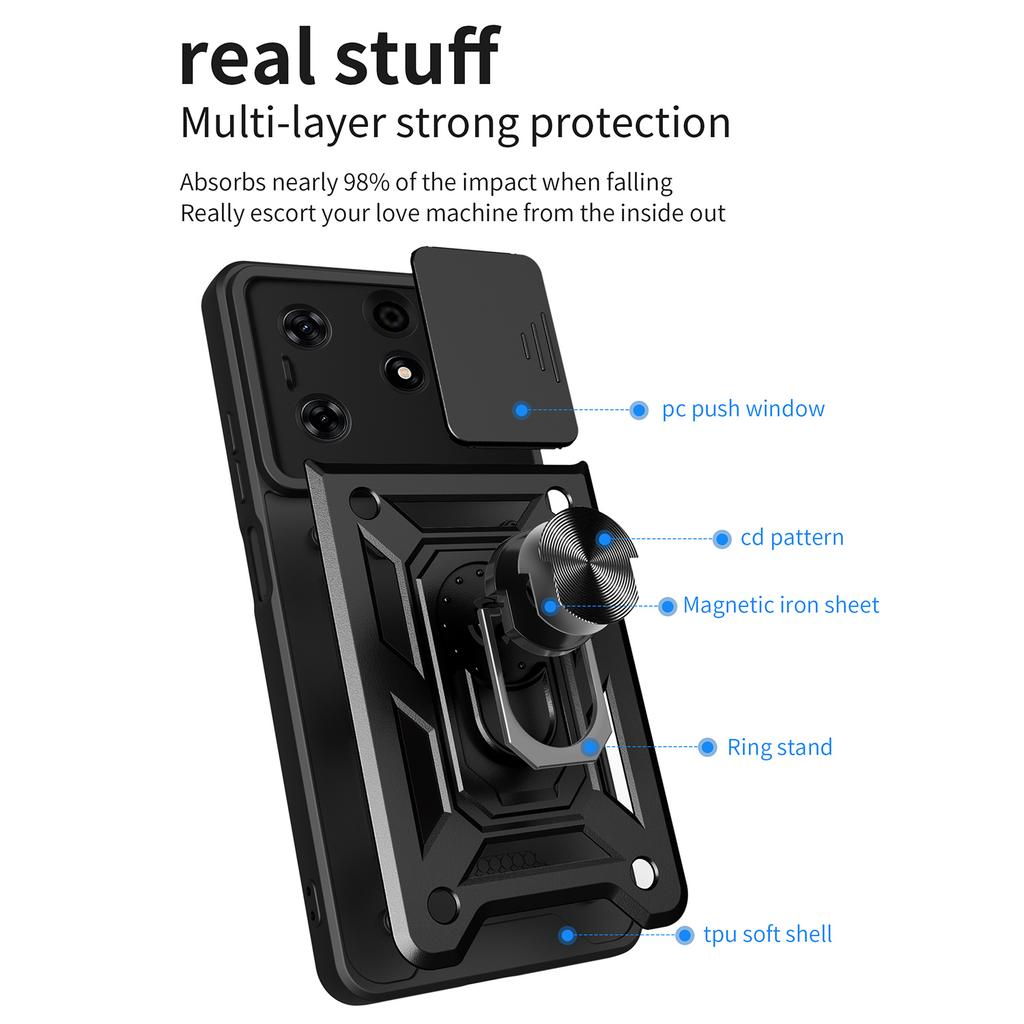 For TECNO Spark 10 Pro PC+TPU Anti-Scratch Phone Case Slide Lens Protection Kickstand Cover