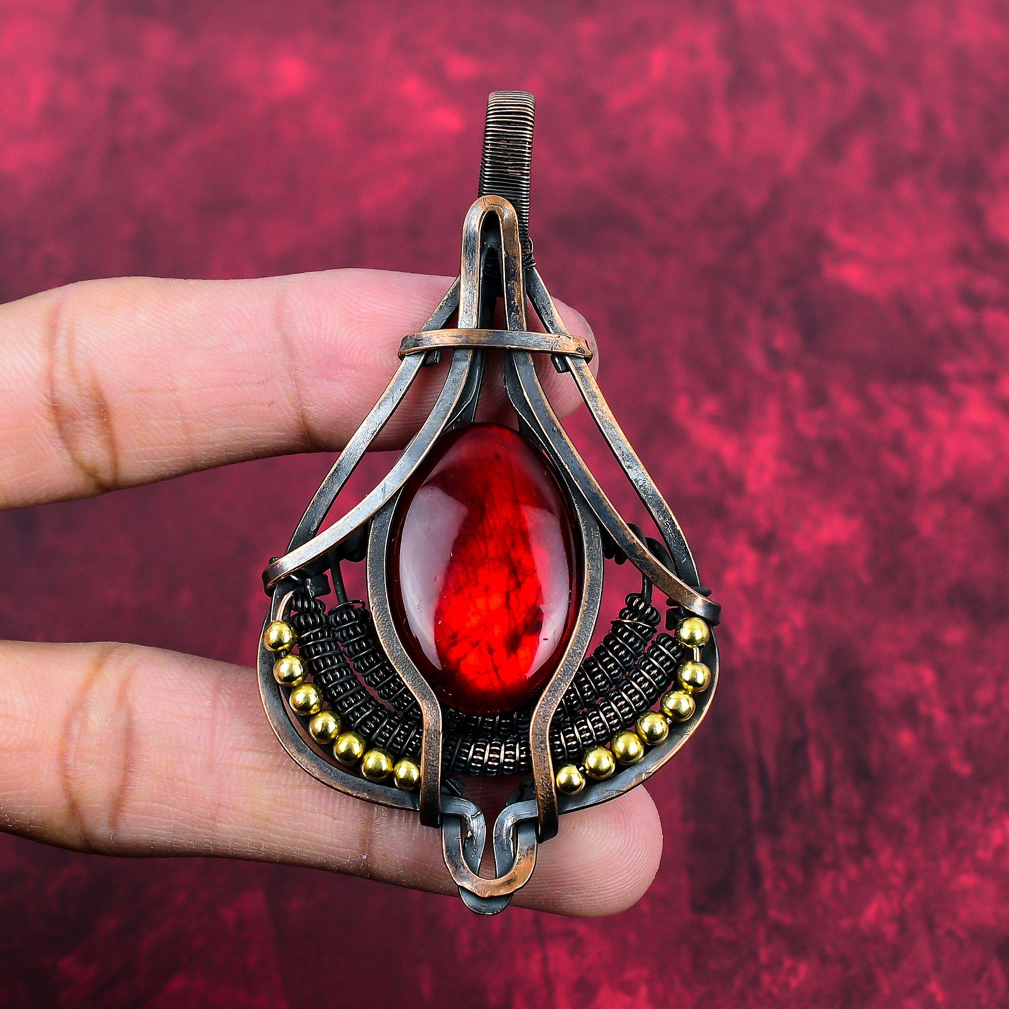 Red Fire Labradorite Pendant Copper Wire Wrapped Pendant Handmade Pendant Labradorite Copper Jewelry Original Gemstone Pendant Gifts For Mom