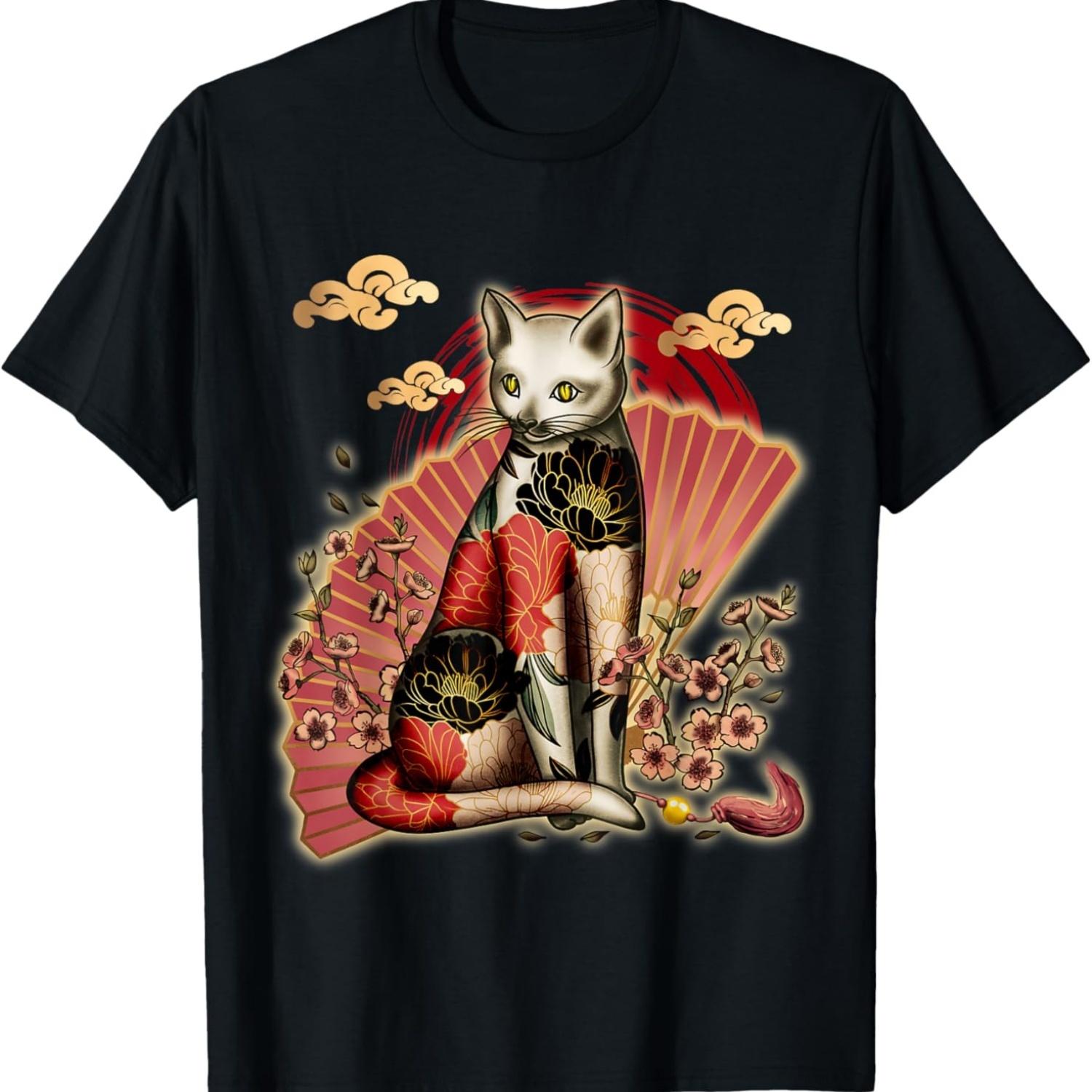 Irezumi Cat_  Tattoo with Cherry Blossoms T-Shirt S чёрный