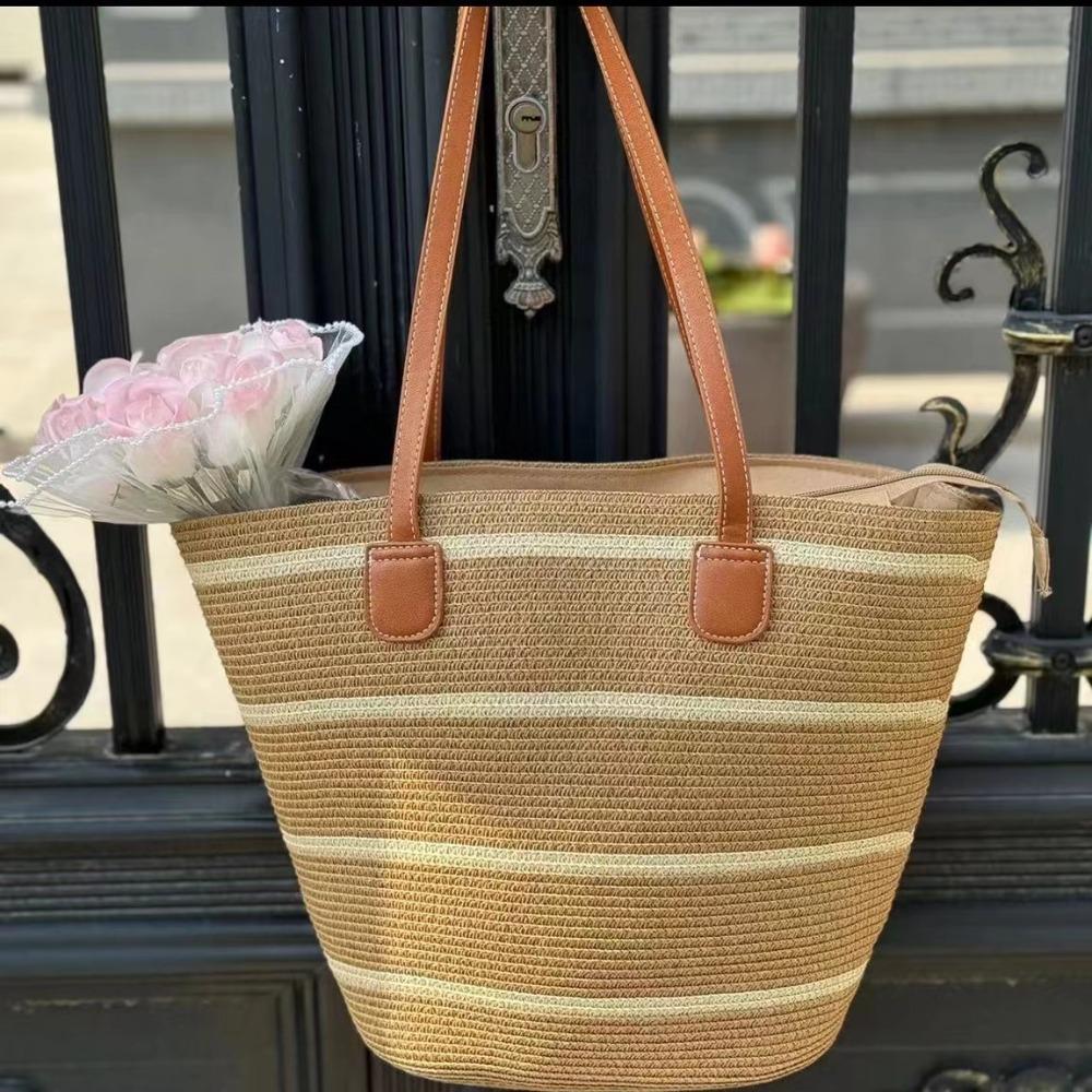 Fashion Straw Woven Tote Bag Square Stripe Woven Shoulder Bag Underarm Bag Large Capacity Vacation Beach Bag Women's Handbags