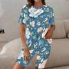 Women Plus Size Round Neck Short Sleeve Floral Printed White Longline Top And Fitted Shorts Set