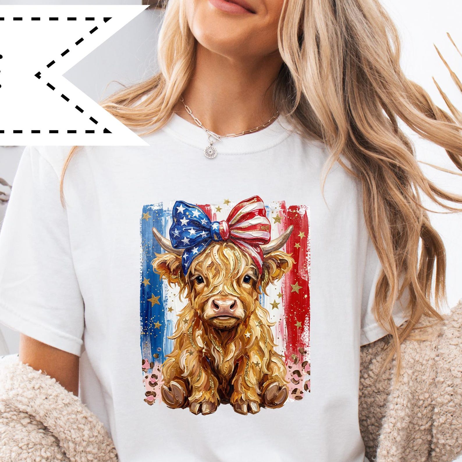 Highland Cow Patriotic Top, 4th of July American Flag Bow Tee, Retro Kawaii Patriotic Shirt S