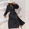 Women's Casual Dress with Flower Print Ankle-Length High Waist V-neck Long Sleeve for Autumn Winter