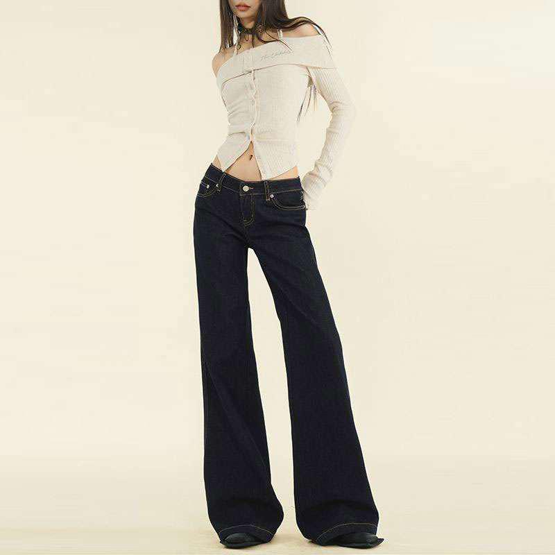 Women s Retro American Style Wide-Leg Dark Blue Low-Waist Loose Fit Floor-Length Jeans M темно-синий