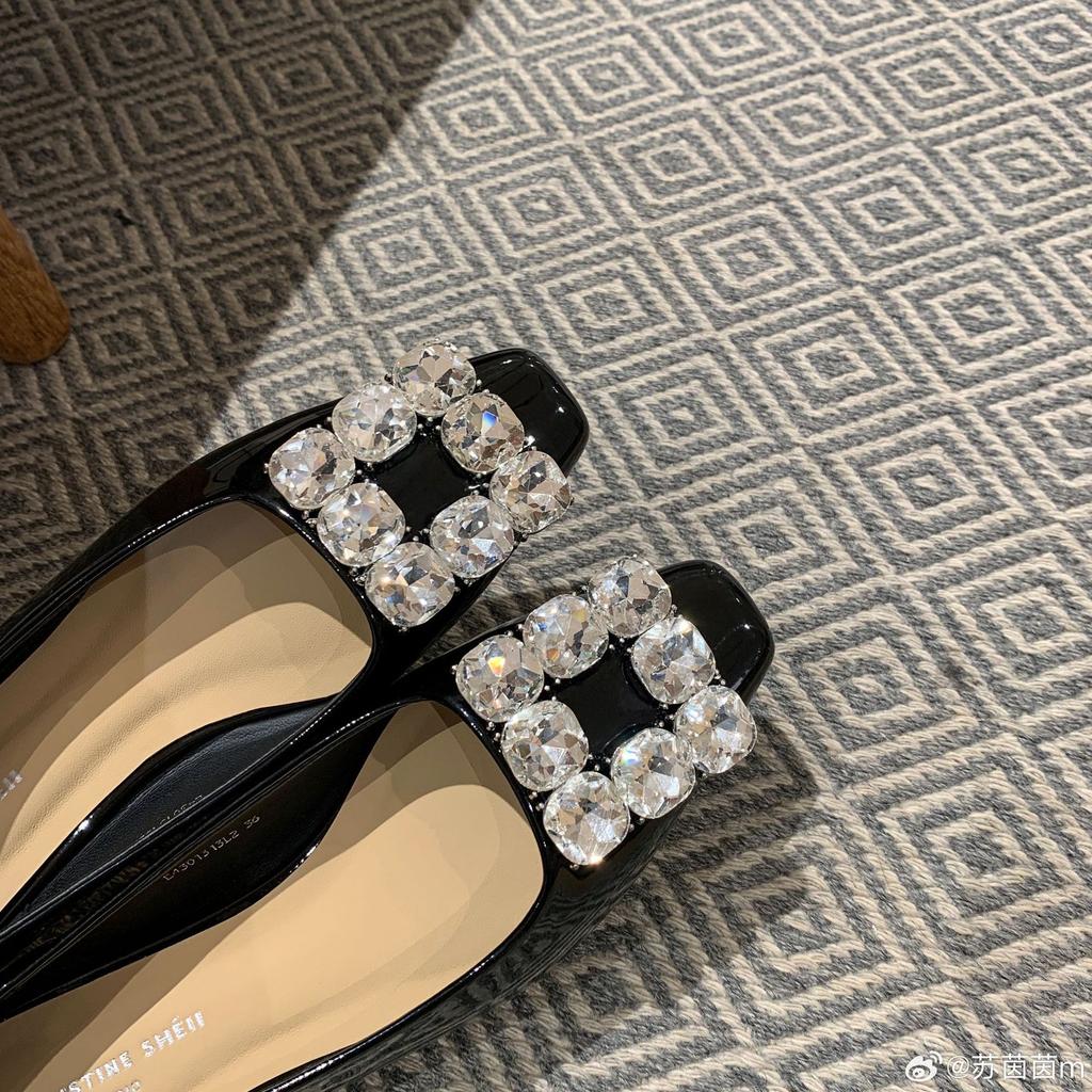 Genuine Leather! Square Head Square Buckle Rhinestone Shallow Mouth Thick Heel Commuting Single Shoes Women's Wedding Shoes