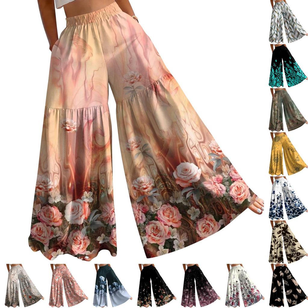 Women High Waist Loose Fit Lightweight Wide Leg Pants Vintage Floral Print Flowing Long Trousers Casual Relaxed Style