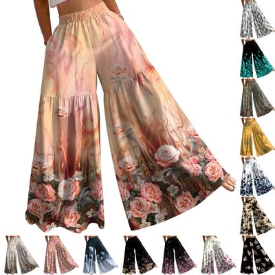 Women Palazzo Pants Summer Boho Wide Leg High Waist Casual Lounge Yoga Pants with Pockets Printed Trousers
